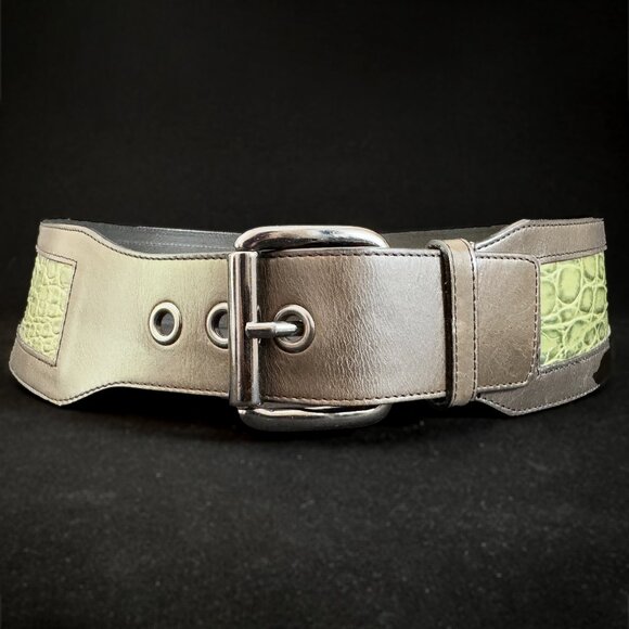 Vtg 1980s Carlisle Wide Leather Belt Brown w/ Alligator Embossed Leather Inset main image 8